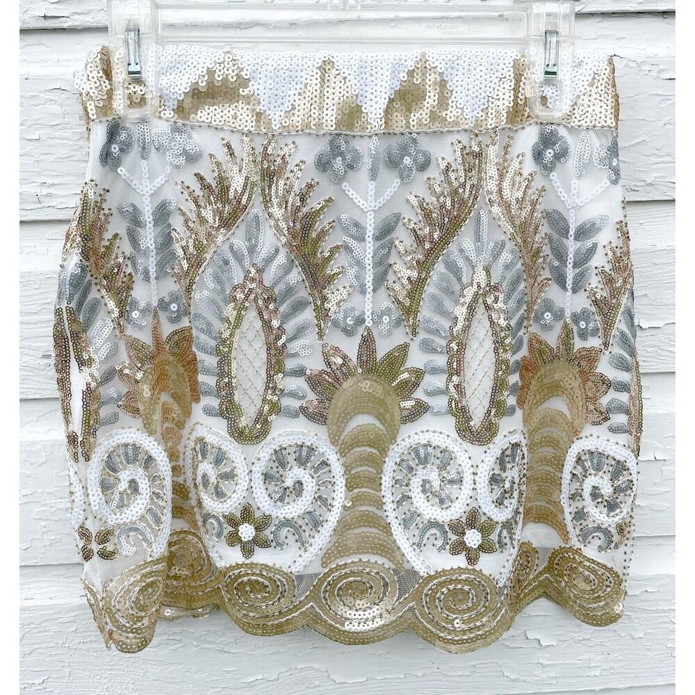 Main Strip Skirt Womens S Ivory Gold Sequin Vegas Nashville Show Mini Stretch